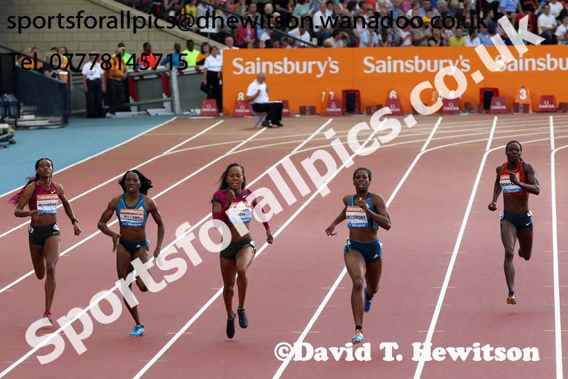 Francena McCorory wins the 400 metres  from Snya Richardson-Ross 2nd and Novlene Williams-Mills 3rd at the Glasgow Diamond League. Photo: David T. Hewitson/Sports for All Pics